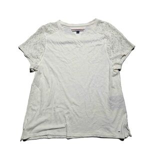 Tommy Hilfiger White Lace V Neck Short Sleeve T Shirt Large